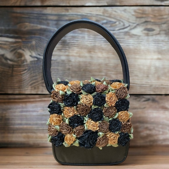 Julie Feldman Black Satin w/ Orange Rose Black Ribbon Rosettes Evening Handbag - Picture 1 of 10